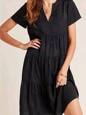 Anthropologie Stacey Shimmer Tunic Dress XS  Black Ruffle Drop Waist Tiered
